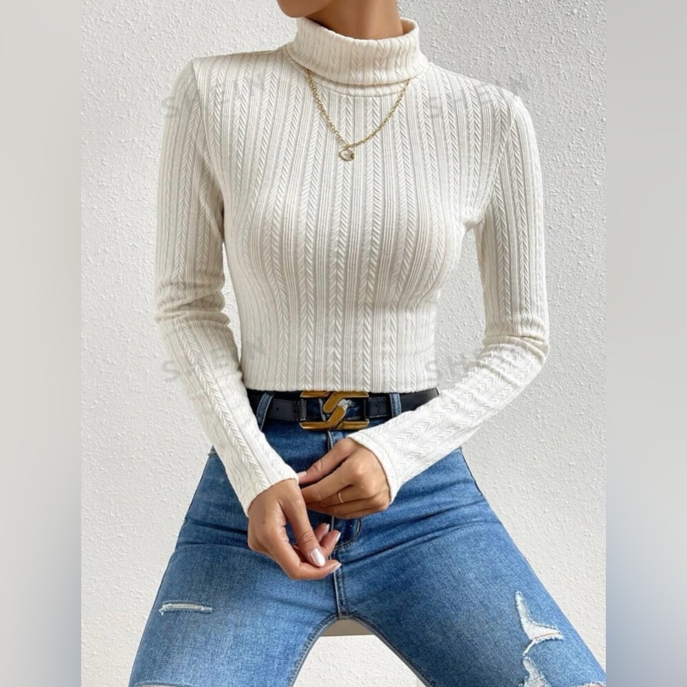 Privé Turtle Neck Cable Knit Long Sleeve Top - Apricot
